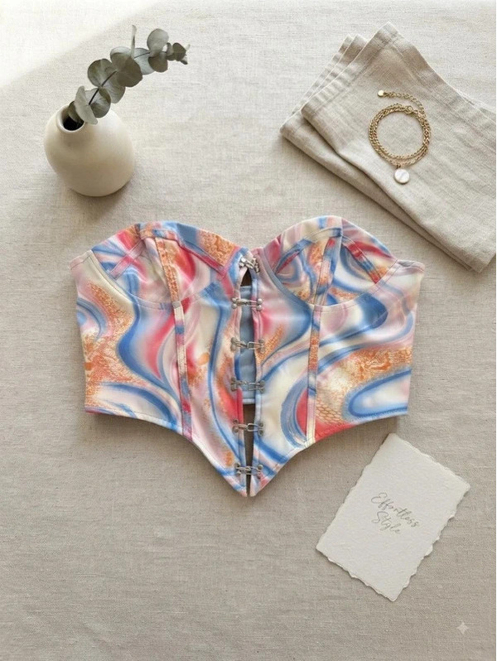 Trendy multi-color abstract marble and snakeskin print bustier crop top